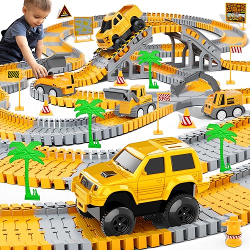 Kids Construction Toys 253 PCS Race Tracks Toy for 3 4 5 6 7 8 Year Old Boys Girls, 5 PCS Truck Car and Flexible Track Play Set Create A Engineering Road Games Toddler Best Gift