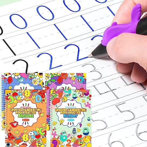 Large Size Magic Practice Copybooks for Kids Reusable Handwriting Workbooks for Preschools Grooves Template Design and Handwriting Aid Practice for Kids Age 3-8 (4 Books with Pens)