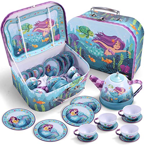JOYIN Mermaid Tea Party Set for Little Girls, Pretend Tin Teapot Set, Princess Tea Time Play Kitchen Toy with Cups, Plates and Carrying Case for Birthday Easter Gifts Kids Toddlers Age 3 4 5 6