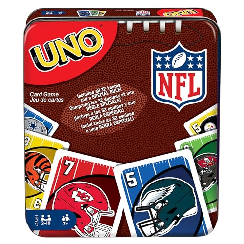 Mattel Games UNO NFL Card Game for Kids & Adults, Travel Game with NFL Team Logos & Special Rule in Storage Tin Box (Amazon Exclusive)