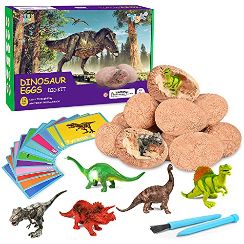 Dig Up Dinosaur Fossil Eggs, Break Open 12 Unique Eggs and Discover 12 Cute Dinosaurs, Easter Digging Toy for 3 4 5 6 7 8 9-12 Year Old Boys Archaeology Science STEM Gift