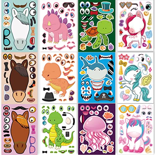 24 Sheets 8.27''×5.9'' Make Your Own Stickers for Kids Toddlers, Make a Face Stickers Mix and Match with Unicorns Dinosaur Horse and Sea Animals for Kids Party Favors Activities