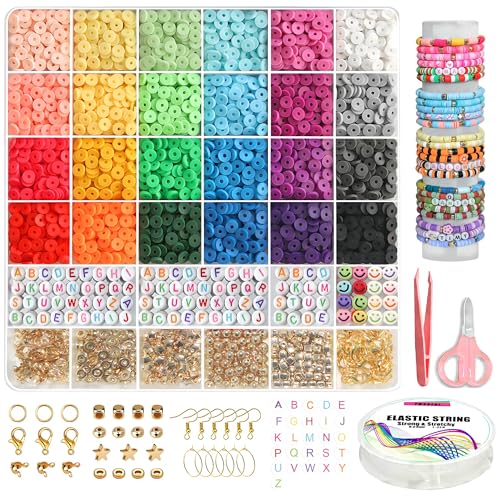 YMSDZHL 6000+PCS Clay Beads Bracelet Making Kit,24 Color DIY Flat Preppy Beads for Friendship Jewelry Making,Polymer Heishi Beads with Charms Gifts for Teen Girls Crafts for 8-12