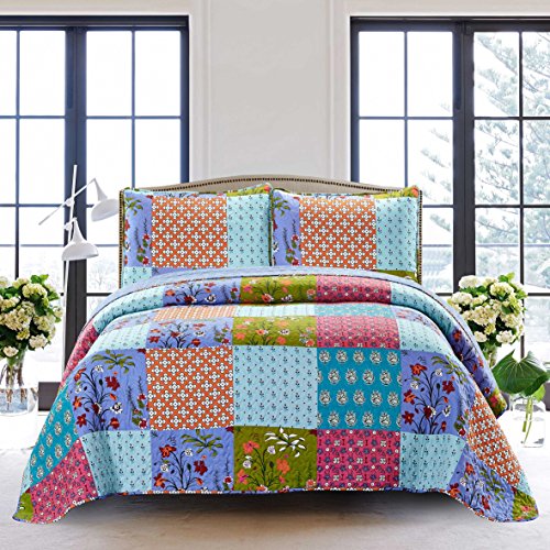 SLPR All is Bright 3-Piece Quilt Set – Queen Size with 2 Shams, Summer Lightweight Quilted Bedspread with Colorful Patchwork, Bohemian Vintage-Inspired Bedding for All Seasons