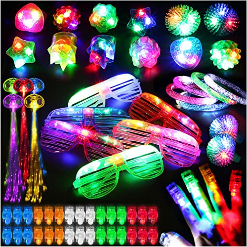 78PCs LED Light Up Toy Party Favors/Supplies Bulk Glow In The Dark For Adult Kids Birthday Halloween With 50 Finger Light, 12 Jelly Ring, 6 Flashing Glasses, 5 Bracelet, 5 Fiber Optic Hair Light