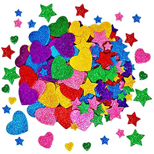 260 Pieces Colorful Glitter Foam Stickers Self Adhesive Stars Mini Heart Shapes Glitter Stickers, Kid's Arts Craft Supplies Greeting Cards Home Decoration Stars&Heart Shapes