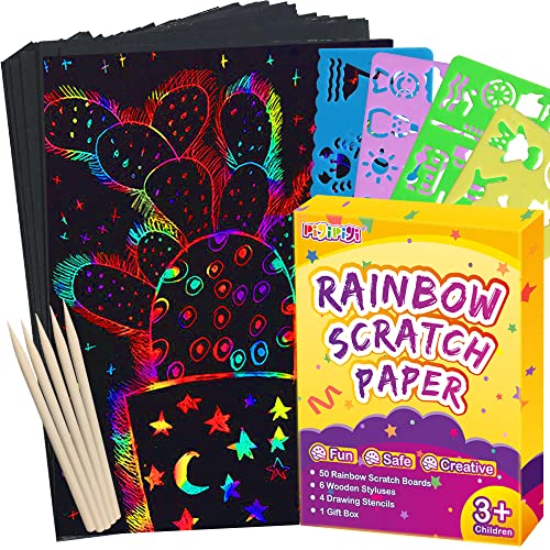 pigipigi Scratch Paper Art for Kids - 60 Pcs Magic Rainbow Scratch Paper Off Set Crafts Supplies Kits Pads Sheets Boards for Party Games Easter Christmas Birthday Gift