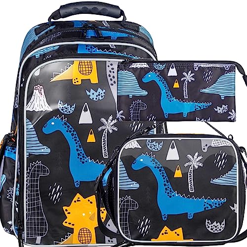 gxtvo 3PCS Dinosaur Backpack Boys, 16' Kids Preschool Elementary Dino Bookbag with Lunch Box