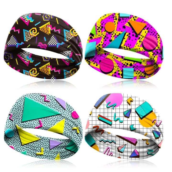 clothmile 4 Pcs 80s 90s Neon Headbands Outfit Accessories For Women Men Retro Vintage Fashion Sweatbands 90s Athletic Elastic Hairband for Hip Hop Party Style Hiking Cycling Running