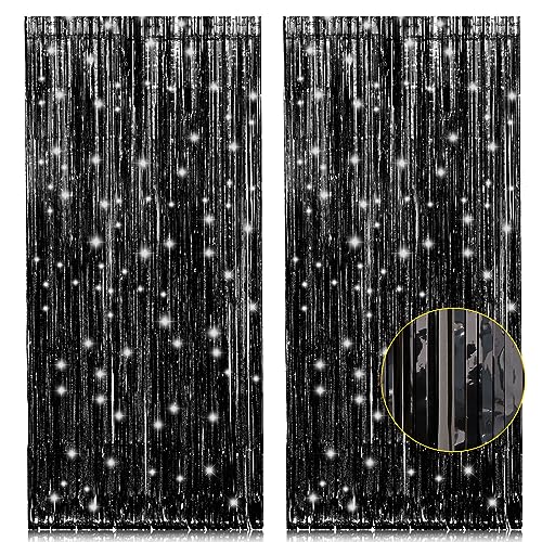 2 Pack 3.2ft x 8.2ft Black Tinsel Foil Fringe Curtains, Metallic Foil Tinsel Photo Booth Backdrop Streamer for New Years Decorations Halloween Bachelorette Birthday Holiday Celebration Party Supplies