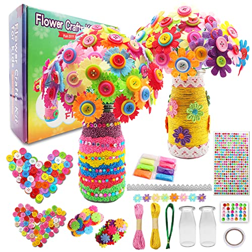 Crafts for Girls Ages 6-10 Make Your Own Flower Bouquet with Buttons and Felt Flowers, Vase Art and Craft for Children - DIY Activity Christmas Birthday Gift for Girls Age 6 7 8 9 10 Year Old