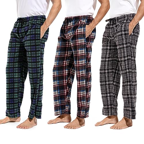 DG Hill (3 Pairs Mens PJ Pajama Pants Bottoms Fleece Lounge Pants Sleepwear Plaid PJs with Pockets Microfleece
