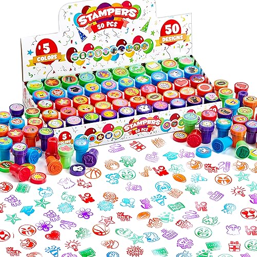 JOYIN 50 Pcs Assorted Stamps for Kids - Self-Ink Stamps with 50 Designs for Birthday Party Favor, Carnival Prizes, School Stampers, Goodie Bag, Halloween, Christmas (Zoo, Holiday Stampers)