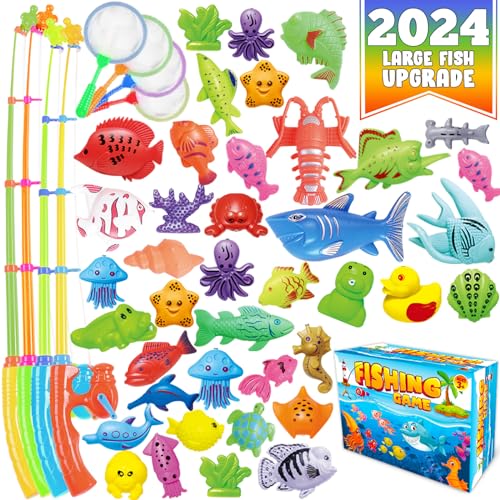 CozyBomB™ Magnetic Fishing Toys Game Set for Kids | Water Table Bathtub Kiddie Pool Party with Pole Rod Net, Plastic Floating Fish-Toddler Color Ocean Sea Animals Age 3 4 5 6 Year FishingToy