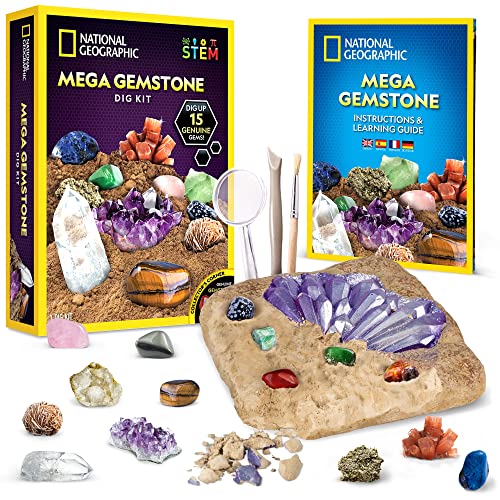 NATIONAL GEOGRAPHIC Mega Dig Kit - Dig Up 15 Real Gemstones and Crystals, Science Kit for Kids, Gift for Girls and Boys