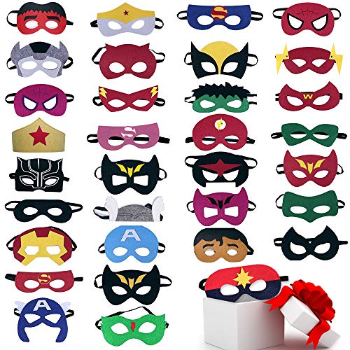 TEEHOME Superhero Masks Party Favors for Kid (33 Packs) Felt and Elastic - Superheroes Birthday Party Masks with 33 Different Types for Children