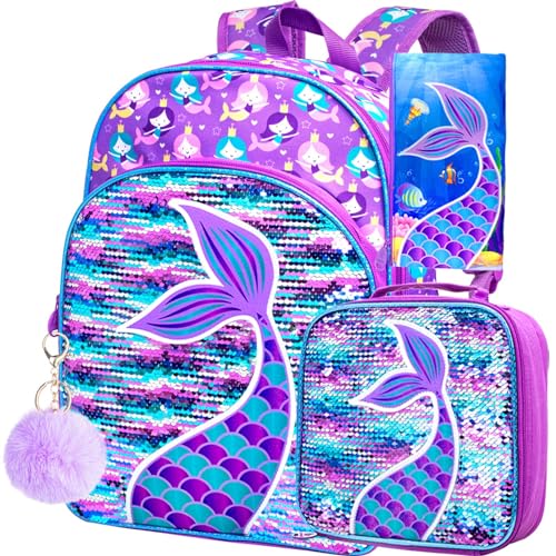 gxtvo 3PCS Mermaid Backpack for Girls, 16' Sequin Prechool Elementary Bookbag and Lunch Box