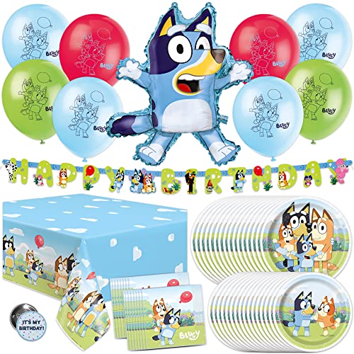 Unique Bluey Birthday Party Supplies | Bluey Party Supplies | Bluey Birthday Decorations | Bluey Party Decorations | With Bluey Balloons, Banner, Tablecover, Bluey Plates, Bluey Napkins, Button