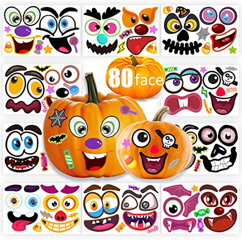 80 Packs Halloween Pumpkin Decorating Kit, Make Pumpkin Face Stickers in 20 Designs, Halloween Stickers for Kids Halloween Party Favors Trick or Treat Party Supplies