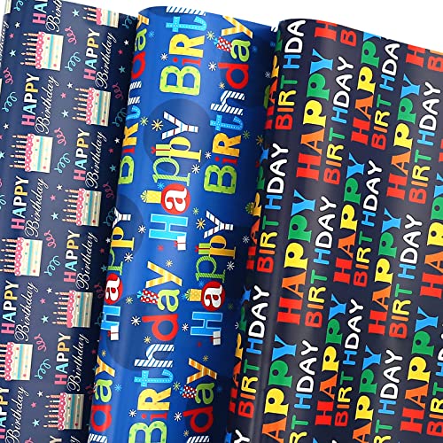 U'COVER Birthday Wrapping Paper 6 Large Sheet Happy Birthday Gift Wrapping Paper for Kids Boys Girls Men Women Baby Shower 3 Style Birthday Greeting Gift Wrap Paper Flat 27 * 37inch
