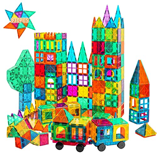 Bmag 130PCS Magnetic Tiles Building Blocks, 3D Magnet Blocks Construction Playboards for Kids Toddlers, Educational STEM Preschool Toys for Boys Girls with 2 Cars