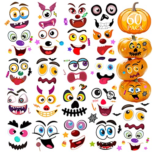 60 Packs Halloween Stickers Pumpkin Decorating Kit, 30 Sheets Pumpkin Stickers Crafts for Halloween Party Supplies Kids Party Favors