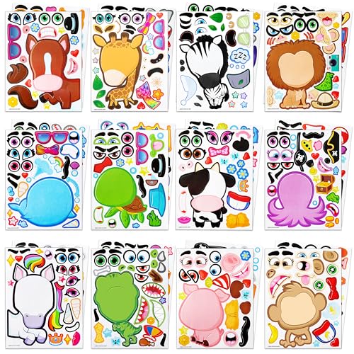 JOYIN 24 PCS 6”x 9' Make-a-face Sticker Sheets Make Your Own Animal Mix and Match Sticker Sheets with Safaris, Sea and Fantasy Animals Kids Party Favor Supplies Craft