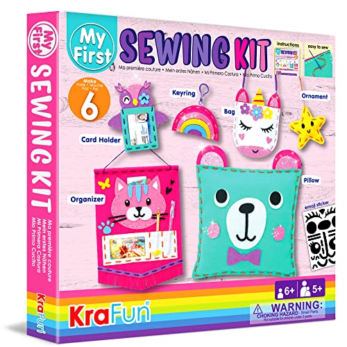 KRAFUN My First Sewing Kit for Beginner Kids Arts & Crafts, 6 Easy DIY Projects of Stuffed Animal Dolls and Plush Pillow Craft, Instructions & Felt, Gift for Girls, Boys, Learn to Sew, Embroidery