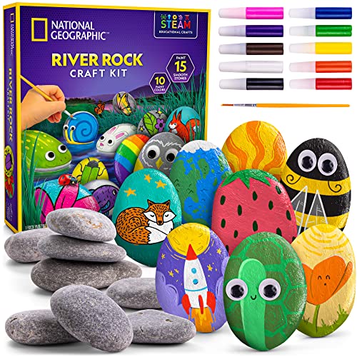 NATIONAL GEOGRAPHIC Rock Painting Kit - Arts and Crafts Kit for Kids, Paint & Decorate 15 River Rocks with 10 Paint Colors & More Art Supplies, Outdoor Toys for Girls and Boys (Amazon Exclusive)