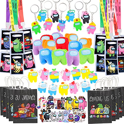 72 PCS Among Game Party Favors, Video Game Party Keychain Ring Brooch Stickers Pass Ticket Lanyard Party Gift Bags for Kids Cartoon Fans Birthday Party Supplies Decorations Goodie Bags Filler