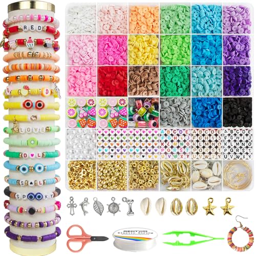 Redtwo 6200 Pcs Clay Beads Bracelet Making Kit, Flat Round Polymer Heishi Friendship Bracelet Jewelry Kit with Charms and Elastic Strings for Girls 8-12 Gifts for Kids