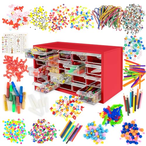 Kraftic Arts and Crafts Supplies Set for Kids Ages 4-8, Giftable Craft Organizer Box with 2000+ Pcs DIY Art Supplies for Toddlers, School Projects, and Homeschool - Red