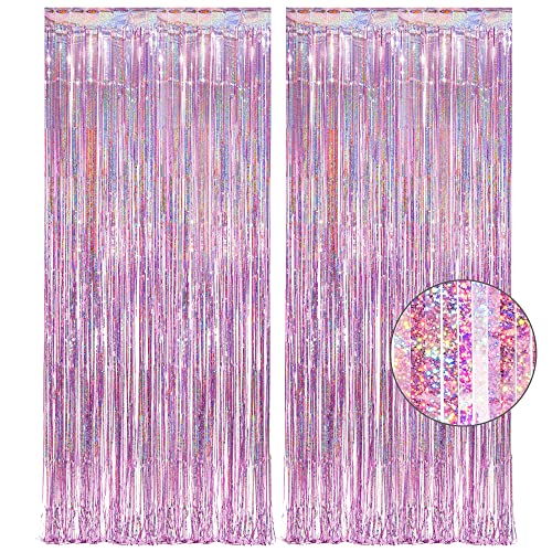 Pink Tinsel Curtain Party Backdrop - GREATRIL Foil Fringe Curtain Lilac Pink Party Streamers for Girl Princess Bachelorette Euphoria Theme Party Decorations - 2 Packs