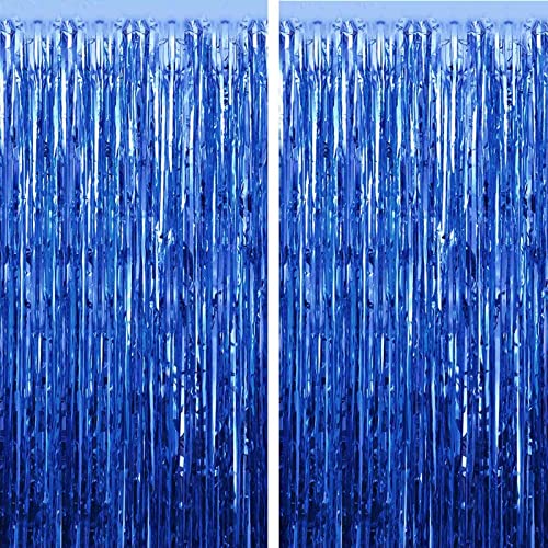 FECEDY 2pcs 3ft x 8.3ft Navy Blue Metallic Tinsel Foil Fringe Curtains Photo Booth Props for Birthday Wedding Engagement Bridal Shower Baby Shower Bachelorette Holiday Celebration Party Decorations