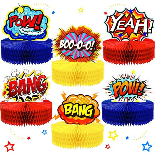Skylety 6 Pcs Hero Themed Party Decoration Hero Honeycomb Centerpieces Hero Party Supplies 3D Table Topper Paper Hero Action Sign Table Topper Decor 7.5 x 7.8 Inch for Happy Birthday Baby Shower Favor