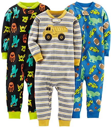 Simple Joys by Carter's Baby Boys' 3-Pack Snug Fit Footless Cotton Pajamas, Black Monster/Blue Dinosaur/Grey Stripe, 24 Months