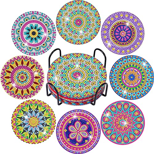 Diamond Art Painting Coasters Kit, 8 Pieces Mandala Diamond Art Coasters with Holder, DIY Diamond Mandala Coasters for Beginners, Kids