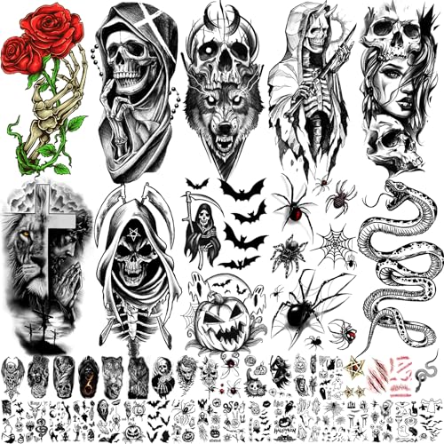 52 Sheets Black Temporary Tattoos for Kids Men and Women, Include 10 Sheets Large Half Arm Sleeve Fake Tattoos, 200+ PCS Spider Scorpion Snake Tiger Lion Skull Bat Vampire Scar Fake Tattoo Sticker