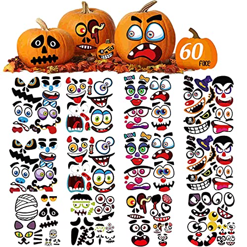 Halloween Pumpkin Decorating Stickers Kit, Make Jack-O-Lantern Face Decals for Pumpkins and Squashes, 60 Funny Expressions Crafts Halloween Treat Party Decor Idea Gifts for Kids - 12 Sheets