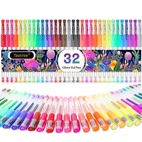 Taotree Glitter Gel Pens, 32 Color Neon Glitter Pens Fine Tip Art Markers Set 40% More Ink Colored Gel Pens for Coloring Book, Drawing, Doodling, Scrapbook, Journaling, Sparkle Pen Easter Gifts kids
