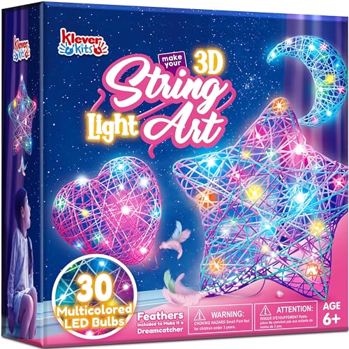 Klever Kits 3D String Art Kit for Kids, Light Up String Light Toy with 30 Multi-Colored LED Bulbs, Arts and Crafts Set, Birthday Gifts for Girls and Boys Ages 6-12