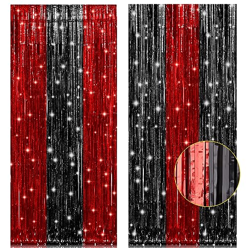PIGETALE, 2 Pack 3.2x8.2 Feet Black and Red Foil Fringe Curtains Party Decorations, Tinsel Curtain Backdrop Streamers for Birthday Graduation Fiesta Stranger Theme Halloween Christmas Party Supplies