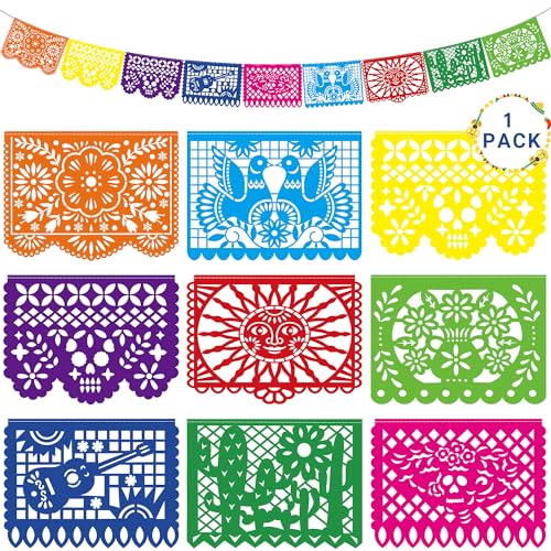 18 FT Cinco De Mayo Party Decorations, 1 Pack Fiesta Banner with 9 Plastic Papel Picado, Colorful Mexican Theme Party Flag Banner Dia De Los Muertos Day of the Dead Hanging Decor Home Party Supplies