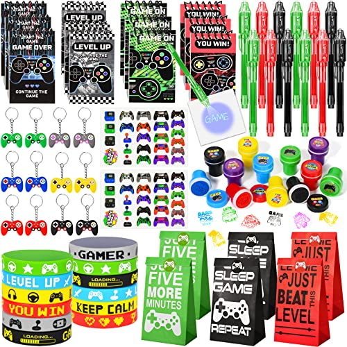 Winrayk Video Game Party Favors Birthday Supplies for Kids Bags Invisible Ink Pen Notebook Silicone Bracelet Stamper Keychain Tattoo Sticker 74 Pcs Game On Pinata Stuffer Gifts Boys Gamer Party Favors