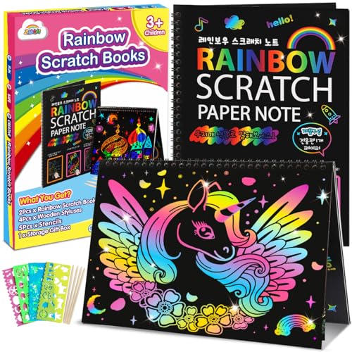 ZMLM Scratch Paper Art-Crafts Gift: 2 Pack Bulk Rainbow Magic Paper Supplies Toys for 3 4 5 6 7 8 9 10 Years Old Girls Kids Favors Gifts for Birthday Easter Christmas Party Games Projects Kits