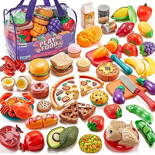 Laugigle Pretend Play Food for Kids Kitchen - 78Pc Cutting Toy Food with Storage Bag, Food Toys with Veggies, Fruits, Fake Food with Pizza Toy, Pretend Food, Play Kitchen Accessories, Boys Girls Gift