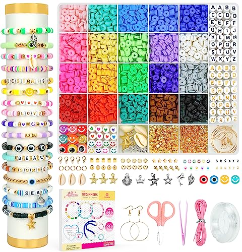 Dowsabel Clay Beads Bracelet Making Kit for Beginner, 5000Pcs Heishi Flat Preppy Polymer Clay Beads with Charms Kit for Jewelry Making, DIY Arts and Crafts Birthday Gifts Toys for Kids Age 6-12