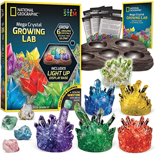 National Geographic Mega Crystal Growing Kit - Grow 6 Crystals with Light-Up Stand, Science Gifts for Kids 8-12