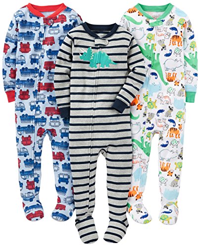 Simple Joys by Carter's Baby Boys' 3-Pack Snug Fit Footed Cotton Pajamas, Blue Firetruck/Grey Stripe/White Dinosaur, 2T