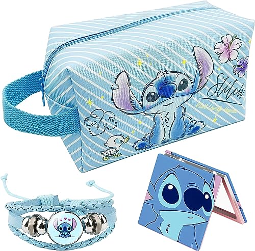 LOYEJEGL Stitch Stuff Travel Cosmetic Bag + Double Sided Cosmetic Mirror + Strings,Large Capacity PU Travel Toilet Bag Makeup Accessories Organizer, Best Gift for Girls and Women (Blue-Stitch)